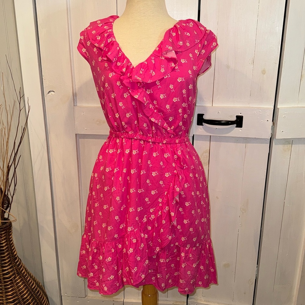 J Crew Pink and Orange Floral Ruffle Dress